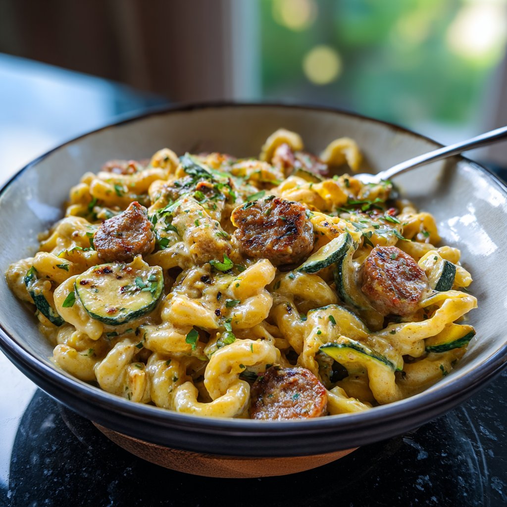 One Pot Creamy Cajun Sausage Pasta with Zucchini
